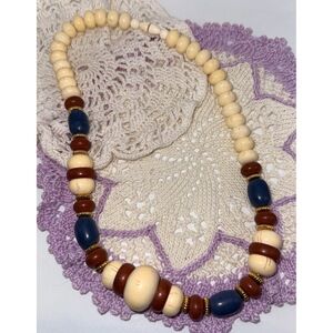 Vintage Wooden Beaded Blue, Rust & Cream Necklace